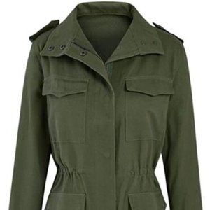 Military Jacket Zip Up Snap Buttons Lightweight Utility Anorak green- LARGE